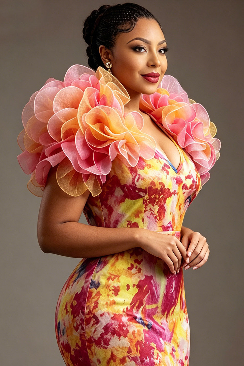 Multicolor Gradient V Neck Flutter Sleeve Mermaid Ruffle Tulle Maxi Dresses
