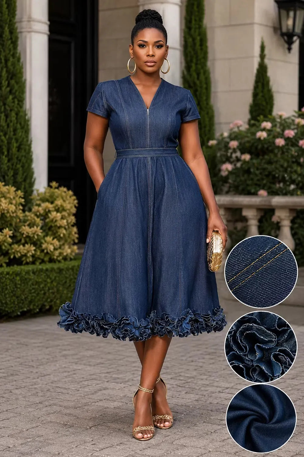 Xpluswear Design Plus Size Business Casual Blue V Neck Short Sleeve Pocket Ruffle Tencel Denim Midi Dresses