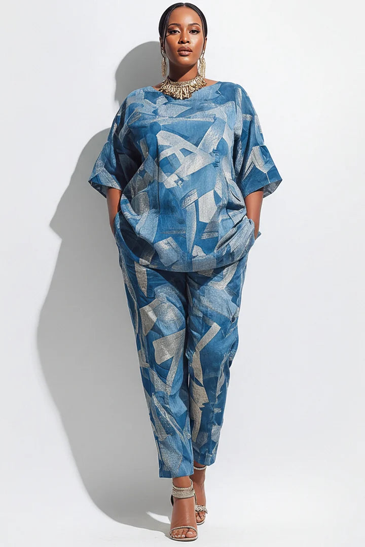 Xpluswear Design Plus Size Daily Blue Denim Print Round Neck Short Sleeve Pocket Two Piece Pant Sets