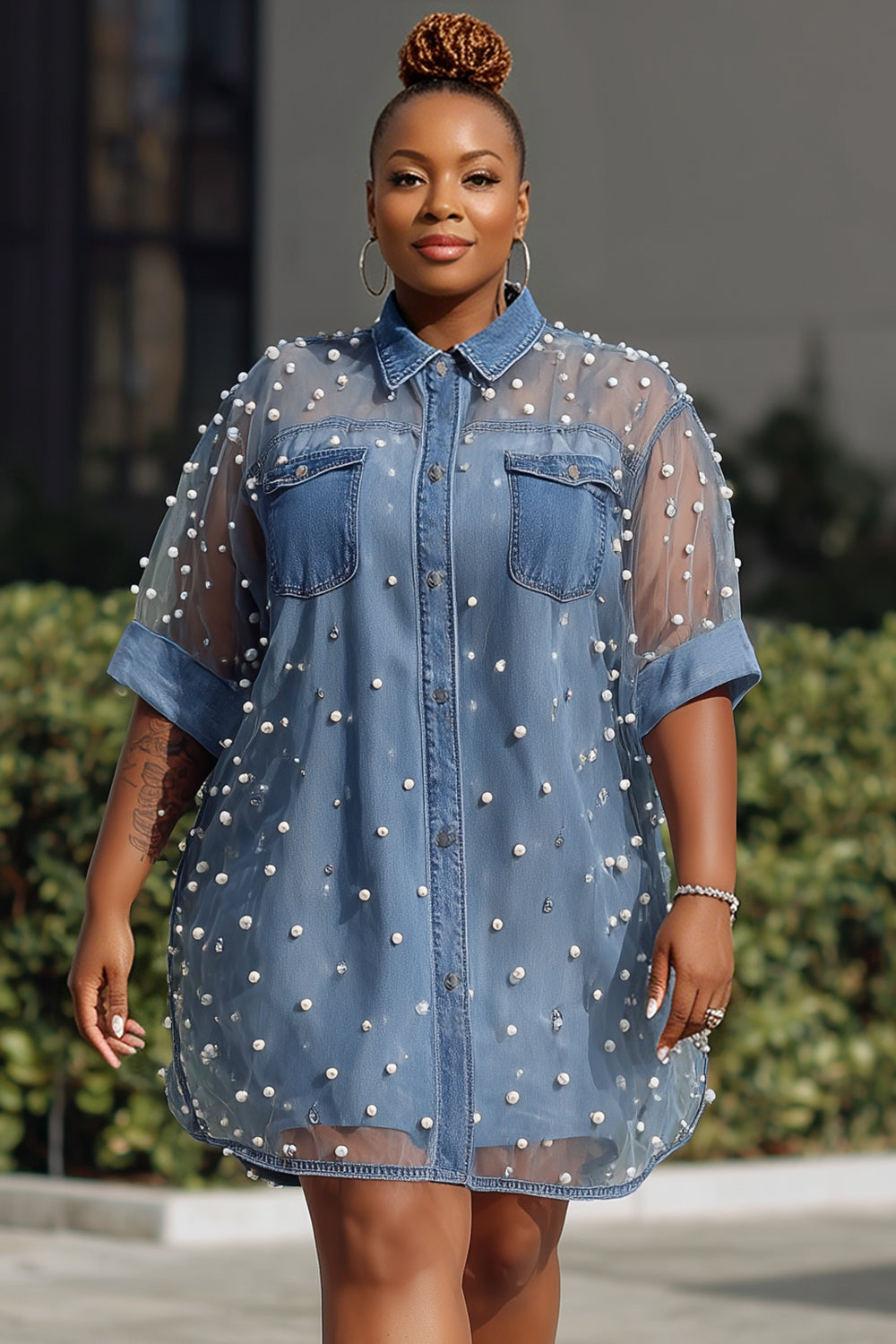 Xpluswear Design Plus Size Festival Casual Tulle Blue Shirt Collar Short Sleeve Pearls See Through Tencel Denim Mini Dresses [Pre-Order]