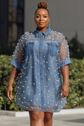 Xpluswear Design Plus Size Festival Casual Tulle Blue Shirt Collar Short Sleeve Pearls See Through Tencel Denim Mini Dresses [Pre-Order]