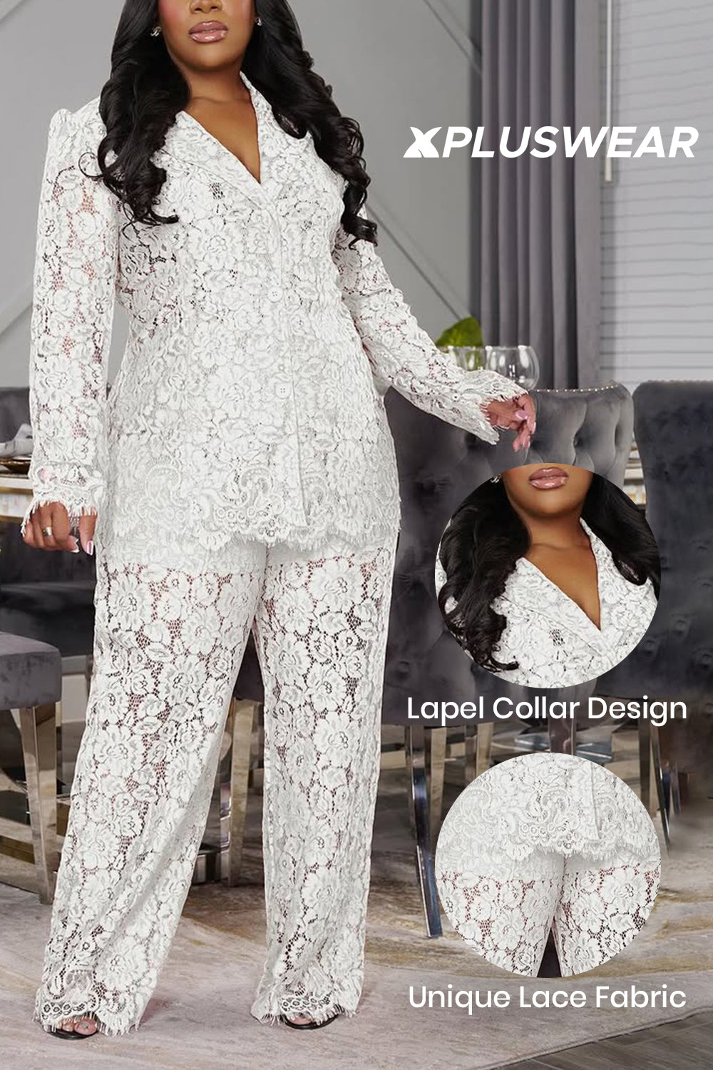 White Lapel Collar Long Sleeve See Through Lace Two Piece Pant Suits