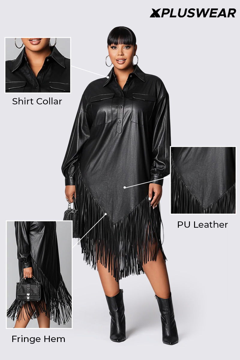 Festival Black Shirt Collar Long Sleeve Strappy Elegant PU Leather Midi Dresses