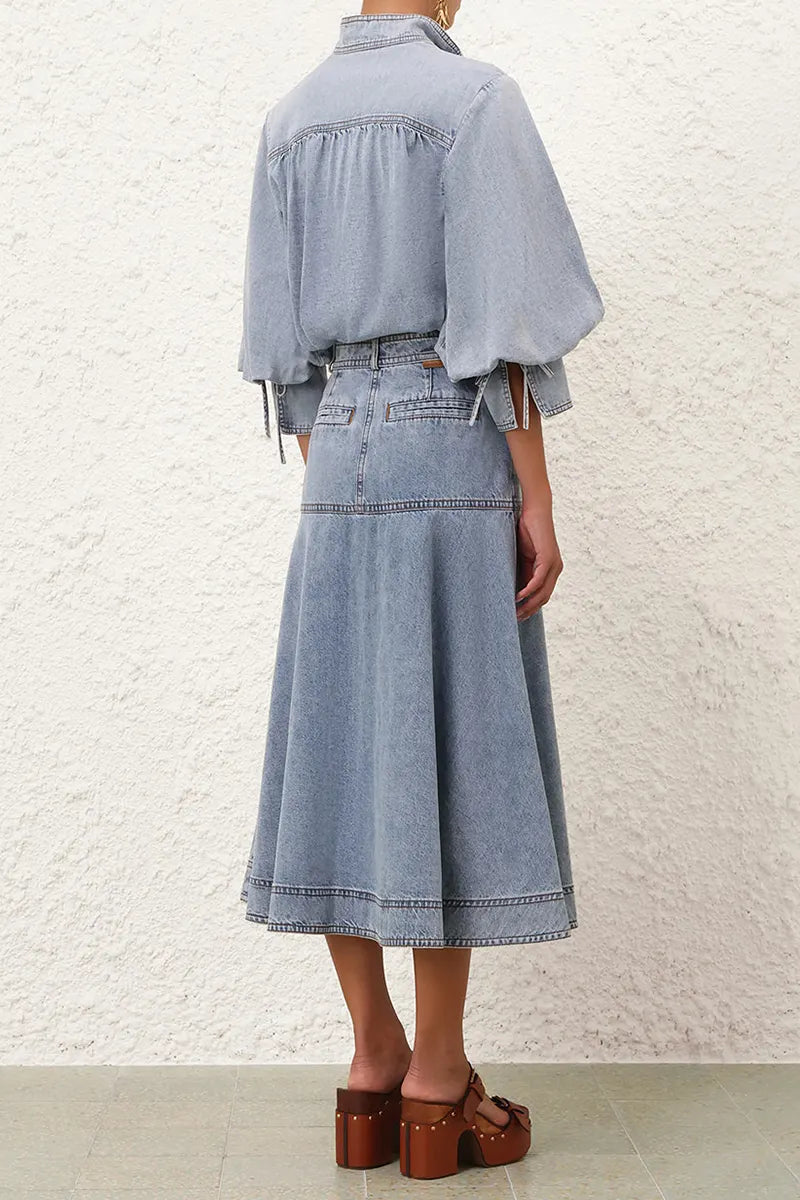 Women's Casual Button Up Denim Top & Casual Long Denim Skirt