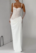 White Lace Corset Bustier Ruched Skirt Mermaid Maxi Wedding Dress With Matching Lace Gloves