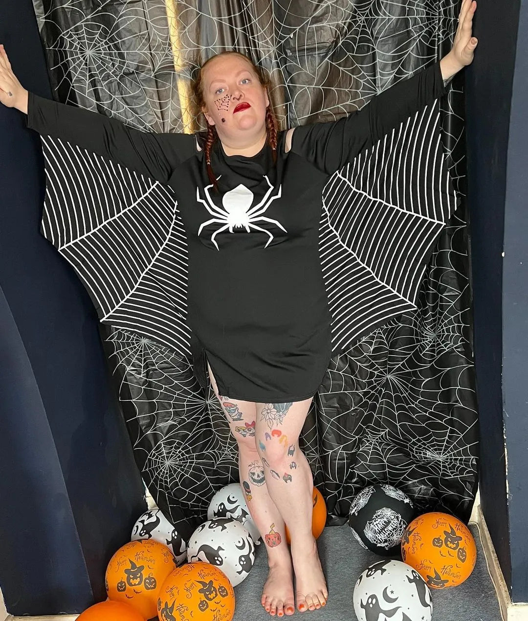 Halloween Costumes Black Spider Print Cold Shoulder Mini Dress (Only Dress)(Ships 24h)