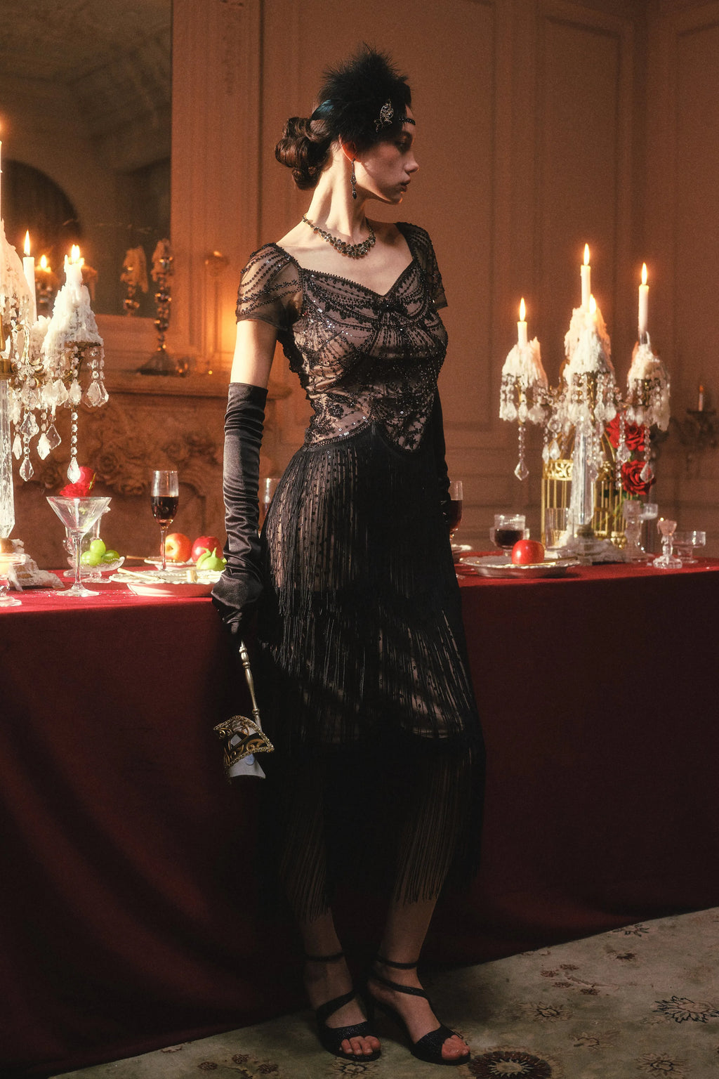 Black Beaded Fringe Gatsby Midi Dress – Vintage Cocktail Statement Look