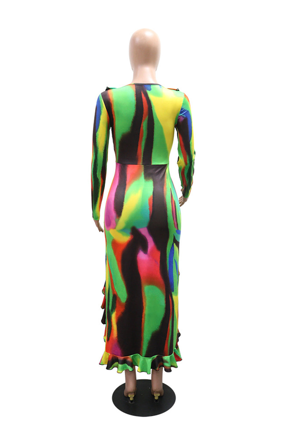 V Neck Ruffled Irregular Hem Slit Colorblock Vacation Maxi Dresses-Multicolor