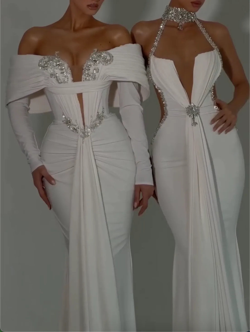 White Mermaid Evening Gown Set - Crystal Embellished Formal Dresses in 2 Styles