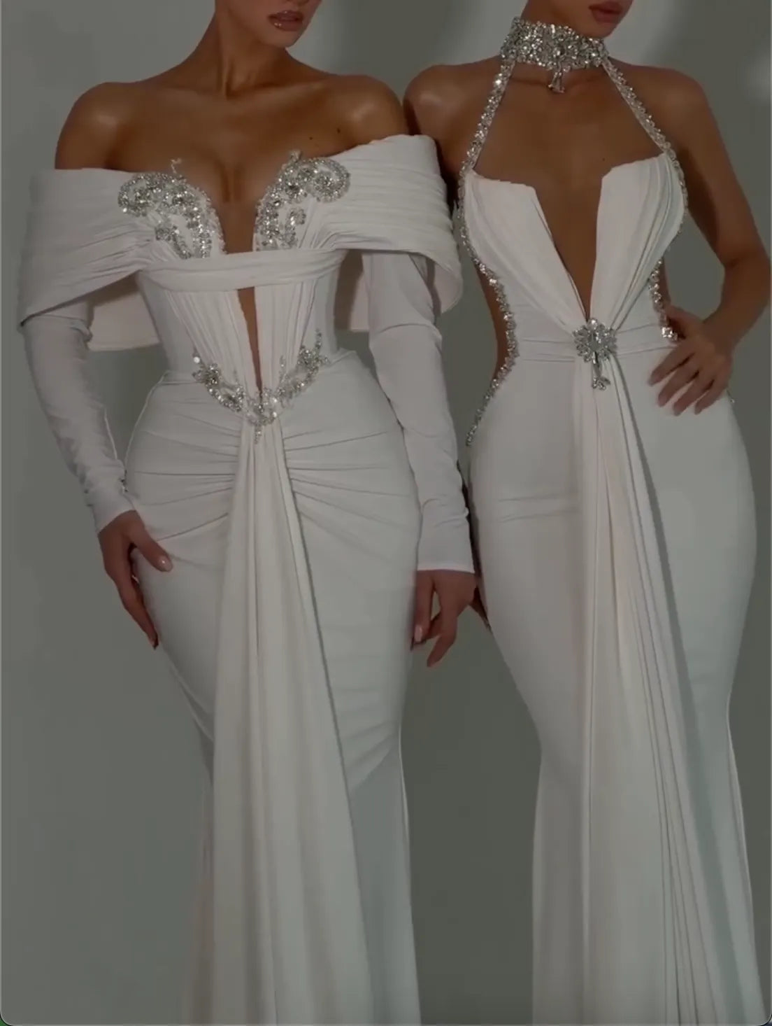 White Mermaid Evening Gown Set - Crystal Embellished Formal Dresses in 2 Styles