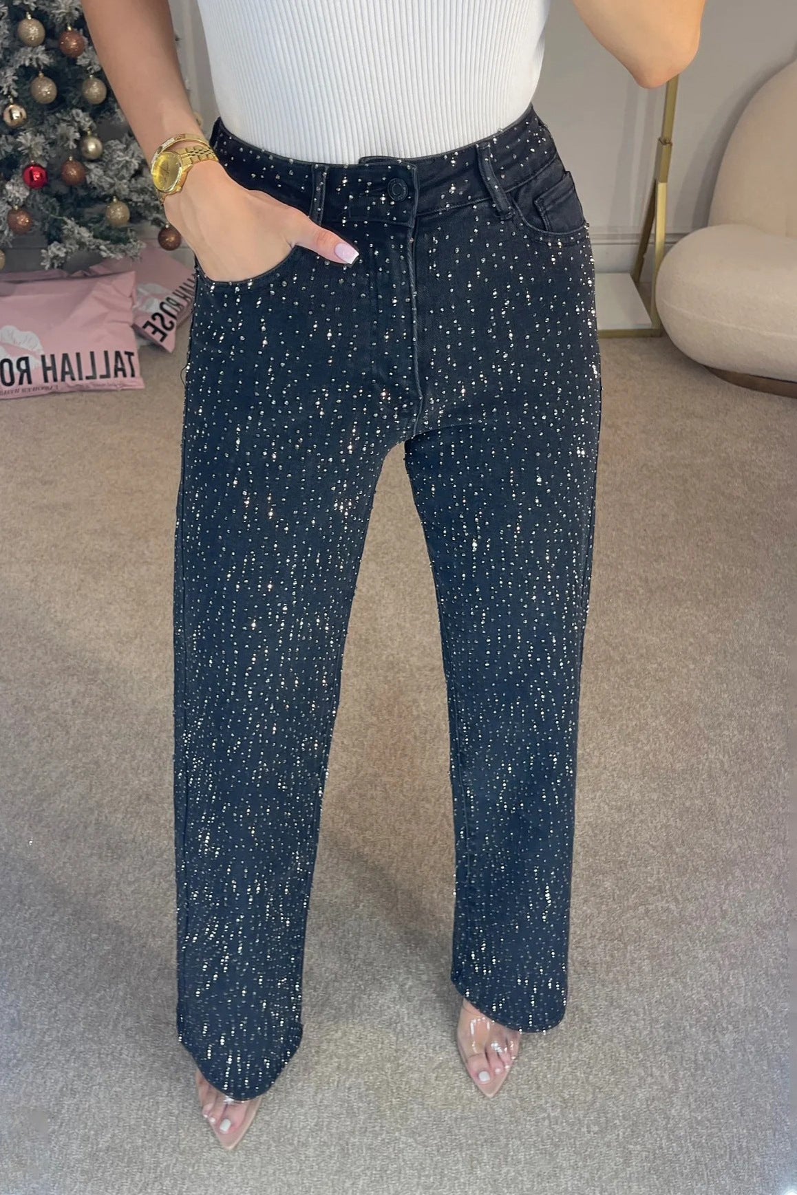 Fashion Sparkling Full Rhinestone Washed Jeans