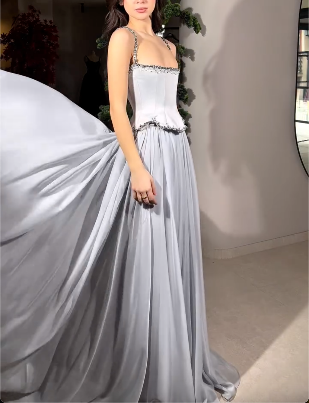 Silver Gray Spaghetti Strap Maxi Dress with Beaded Trim & Peplum Bodice