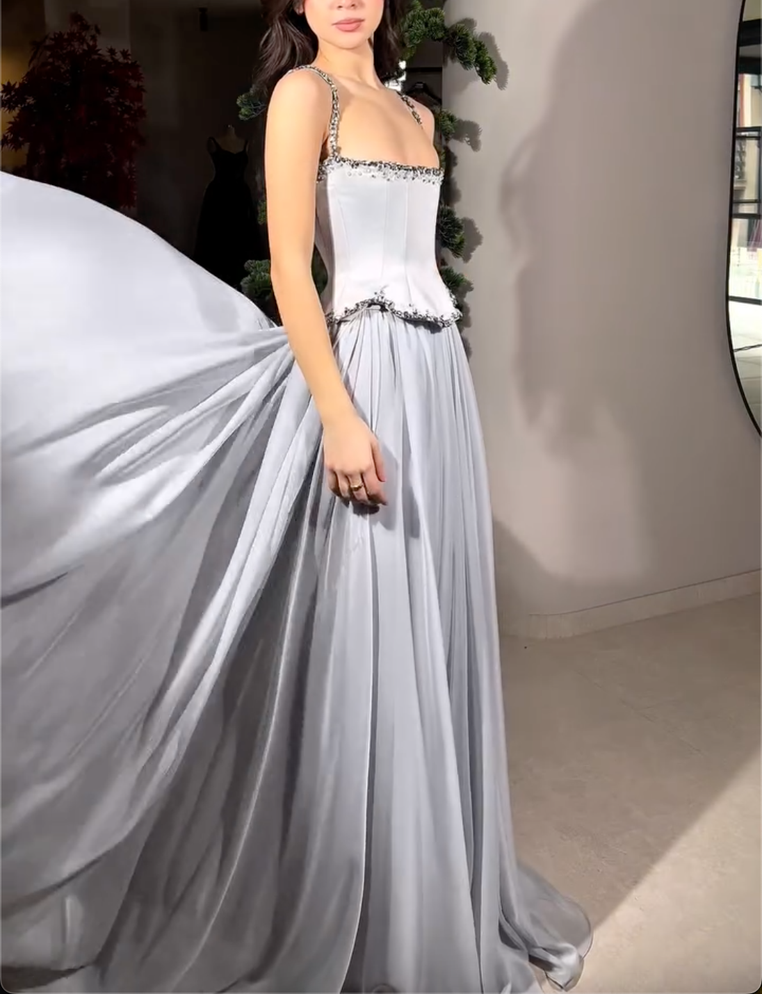 Silver Gray Spaghetti Strap Maxi Dress with Beaded Trim & Peplum Bodice