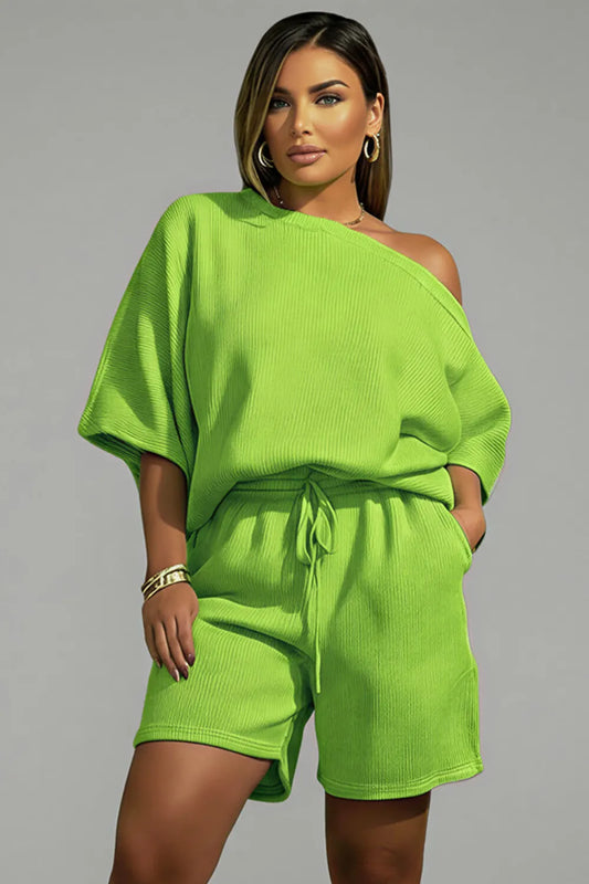 Daily Casual Green Oblique Collar Short Sleeve Pull-On Waist Pocket Two Piece Short Sets