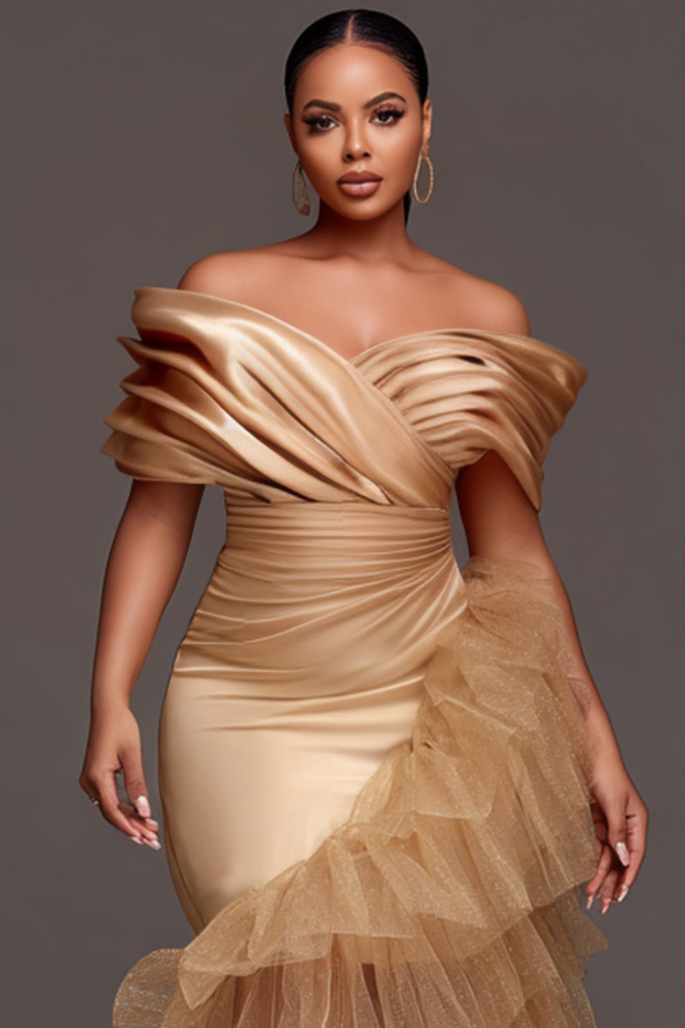 Wedding Guest Tulle Champagne Off The Shoulder Ruffle Elegant Contrast Satin Midi Dresses