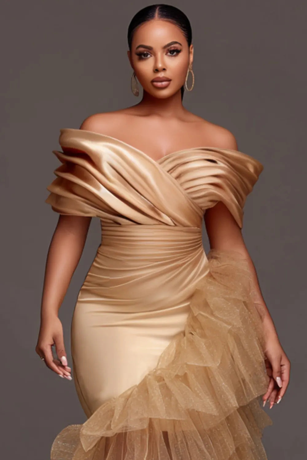 Wedding Guest Tulle Champagne Off The Shoulder Ruffle Elegant Contrast Satin Midi Dresses