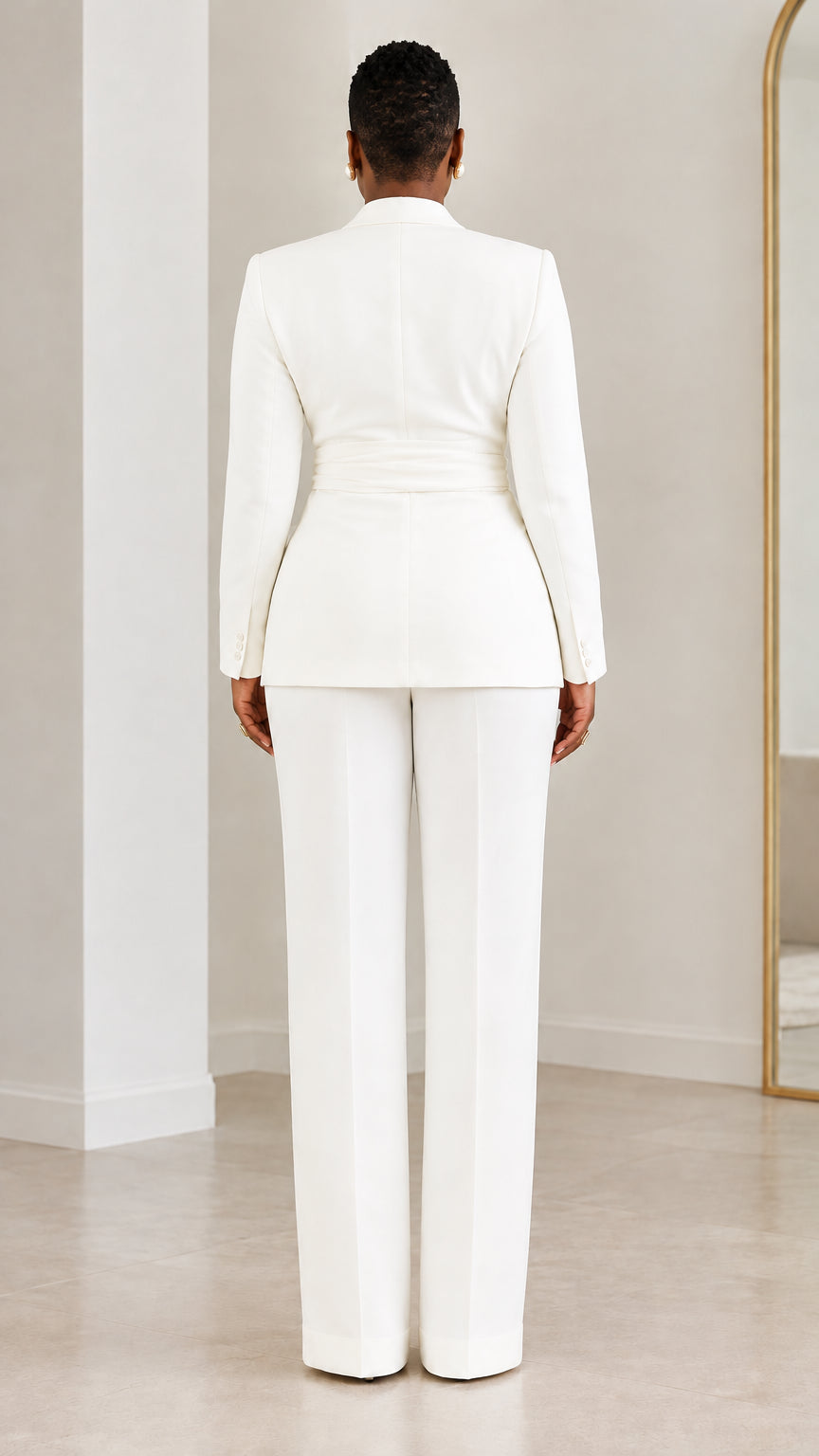Women's Elegant Shawl Collar Wrap Blazer and Wide-Leg Trousers 2-Piece Suit Set