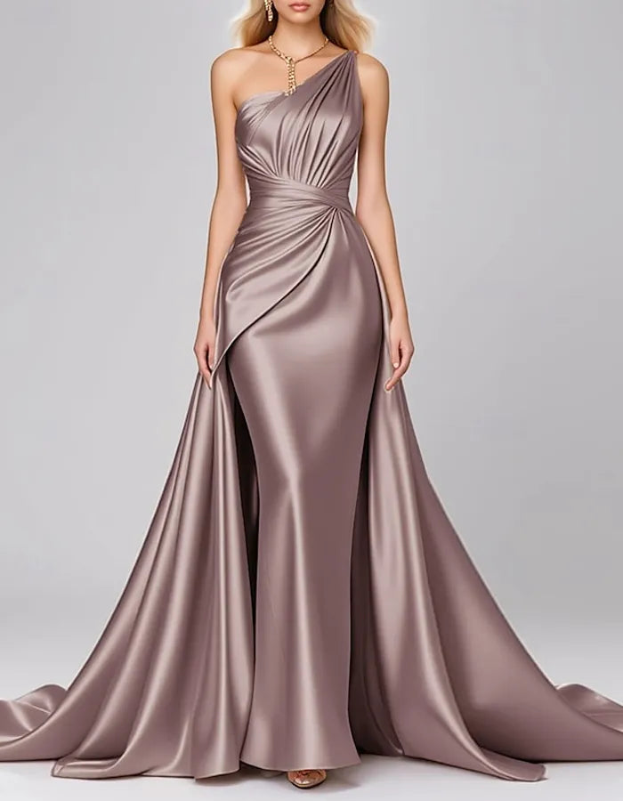 Solid One Shoulder Stretch Satin Pleated Maxi Dress