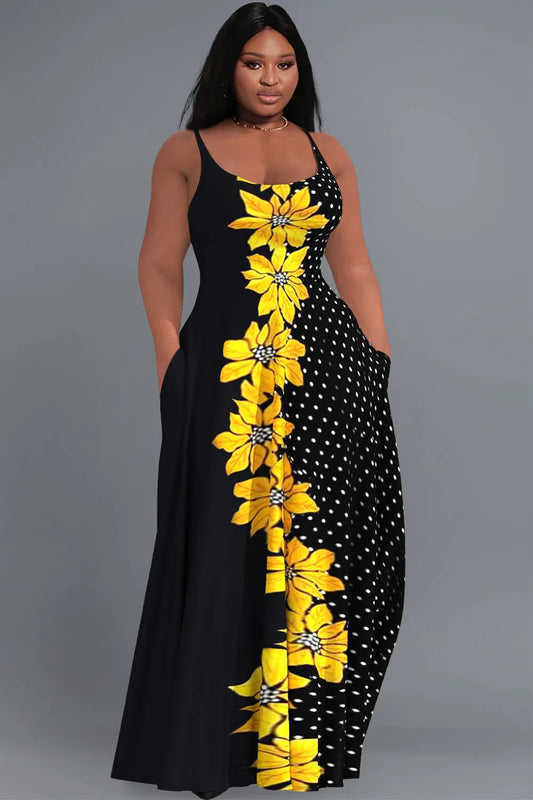 Casual Black Sundress Polka Dot Floral Cami With Pockets Maxi Dresses