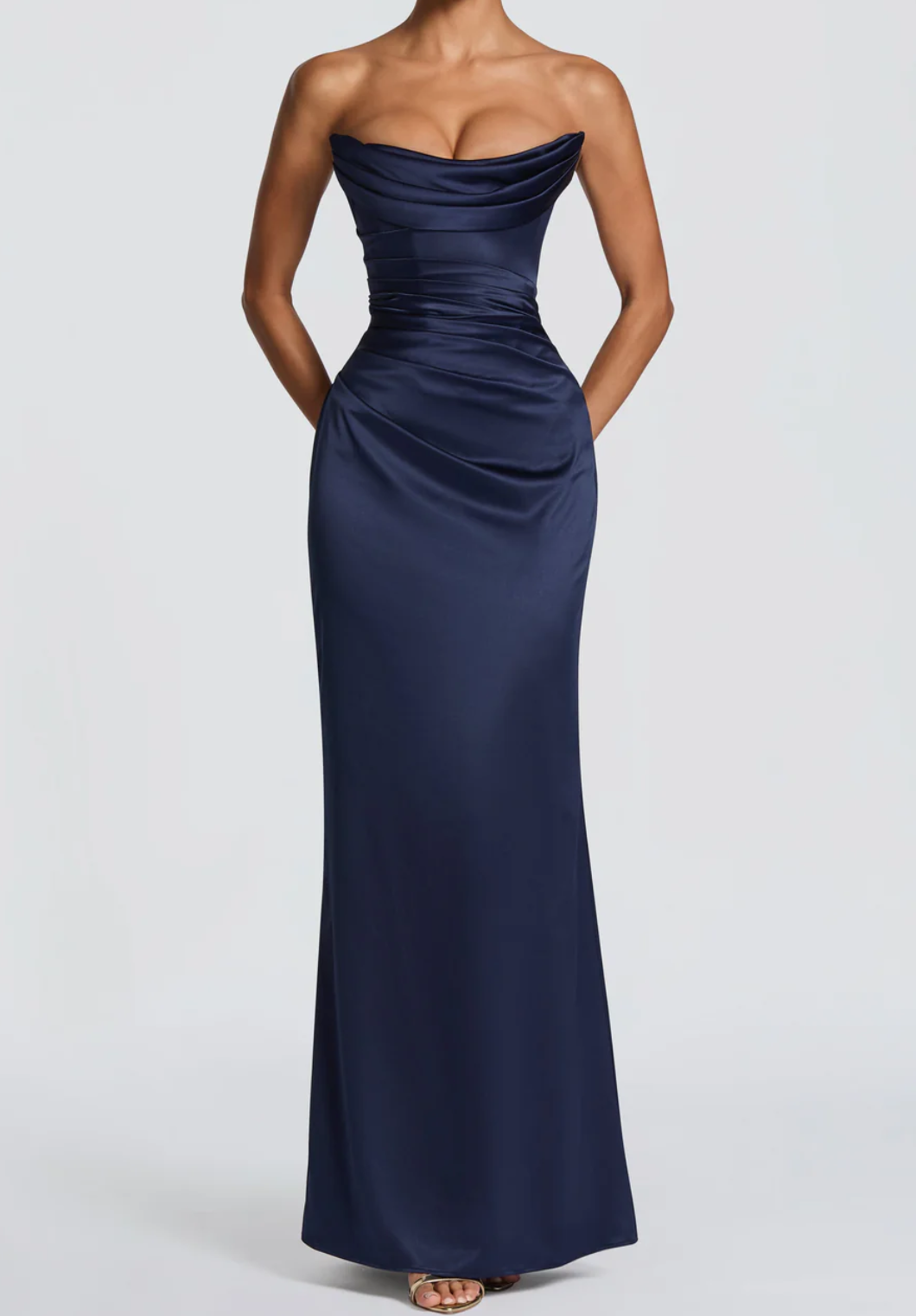 Navy Blue Satin Mermaid Evening Dress, Elegant Strapless Formal Gown with Cowl Neck & Lace Up Back