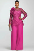 Mother Of The Bride Chiffon Hot Pink Round Neck Long Sleeve 3D See Through Lace Two Piece Pant Suits