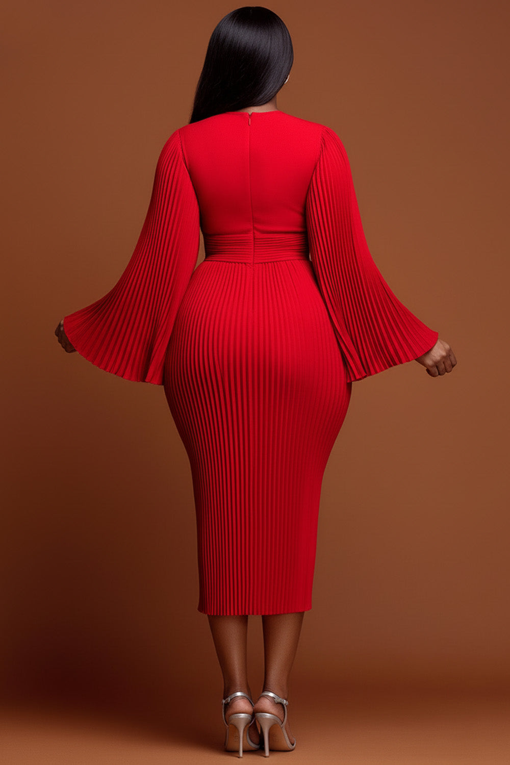 Christmas Red Round Neck Flare Long Sleeve Bodycon Elegant Pleated Knitted Midi Dresses