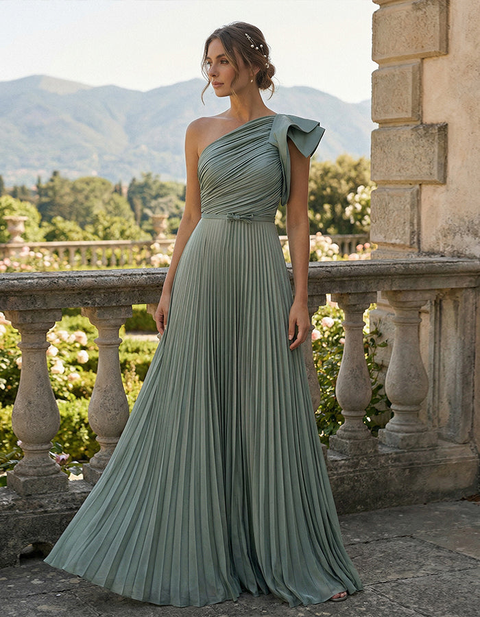 Gray Green One Shoulder Pleated Chiffon Maxi Dress