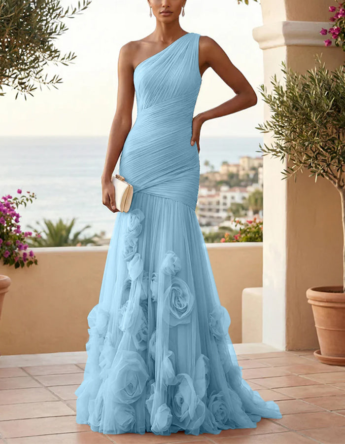 Solid Color One Shoulder 3D Floral Mesh Fishtail Maxi Dress