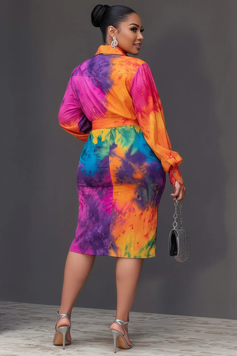 Daily Multicolor Tie Dye Shirt Collar Lantern Sleeve Long Sleeve Bodycon Wrap Midi Dresses