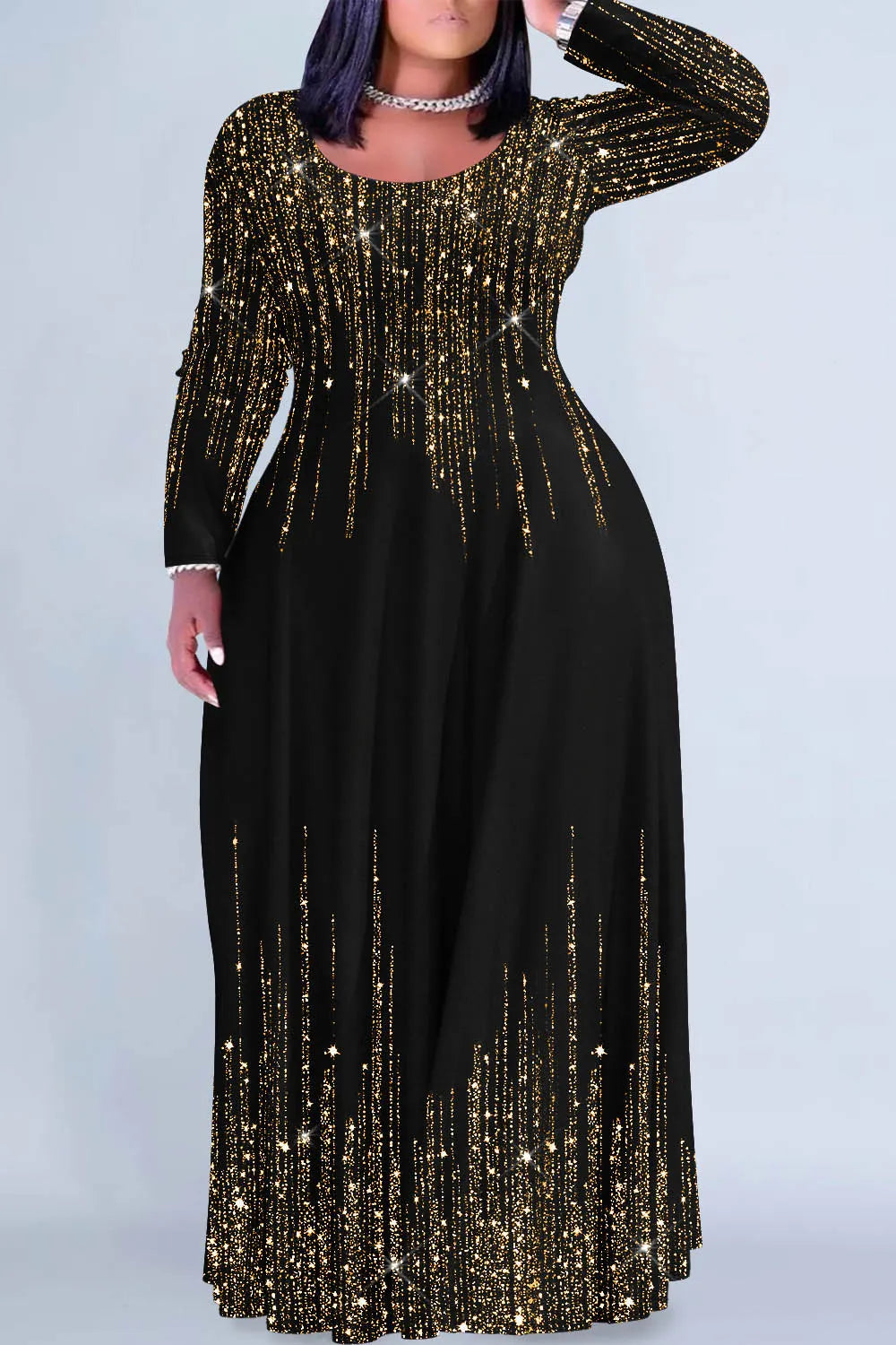 Christmas Black Gradient Round Neck Long Sleeve Maxi Dresses