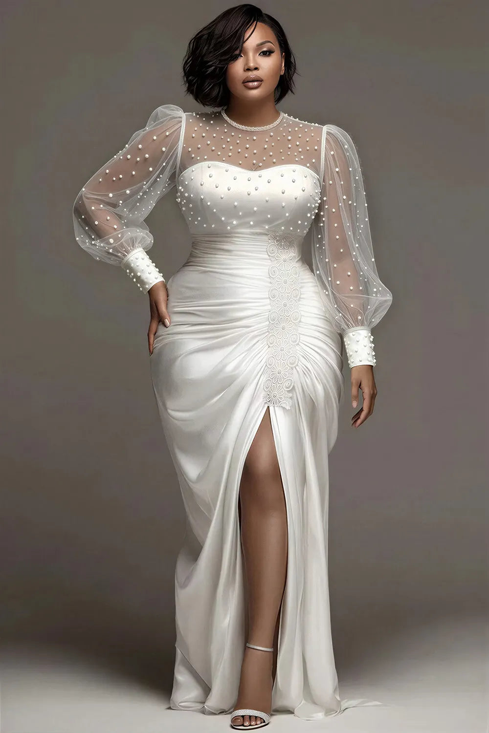 Wedding Tulle White Round Neck Puff Sleeve Long Sleeve See Through Pearls Satin Maxi Dresses