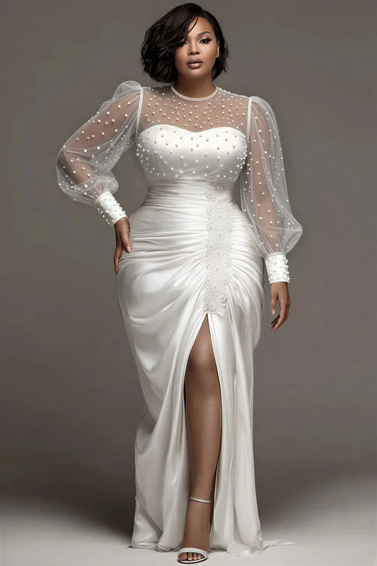 Wedding Tulle White Round Neck Puff Sleeve Long Sleeve See Through Pearls Satin Maxi Dresses