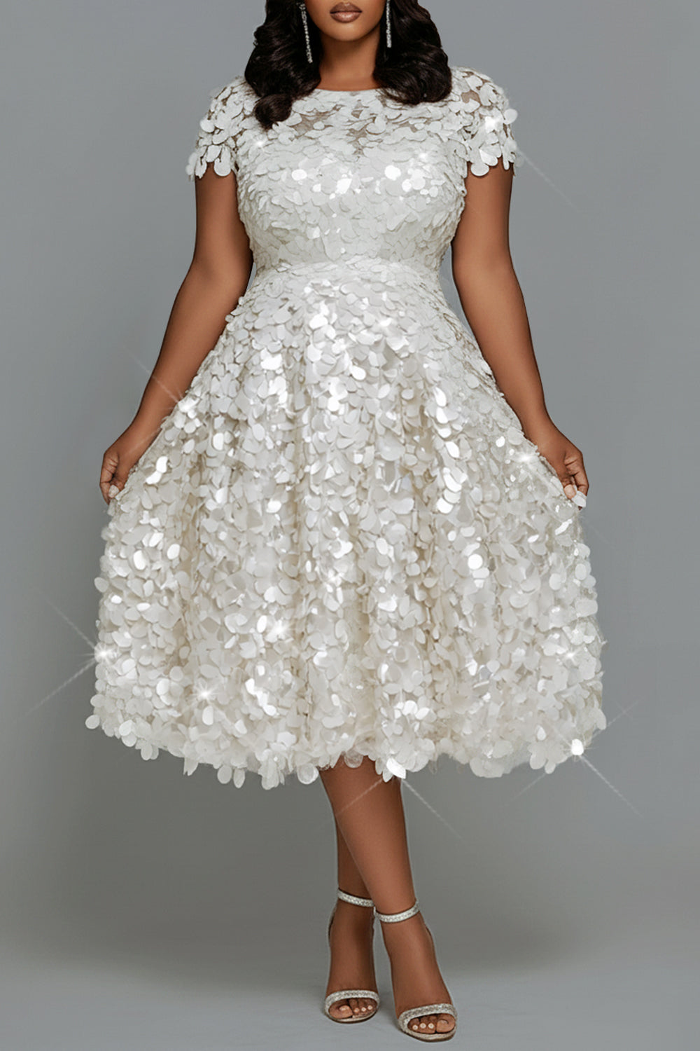 Cocktail Party White Round Neck Cap Sleeve Short Sleeve Sequin Midi Dresses