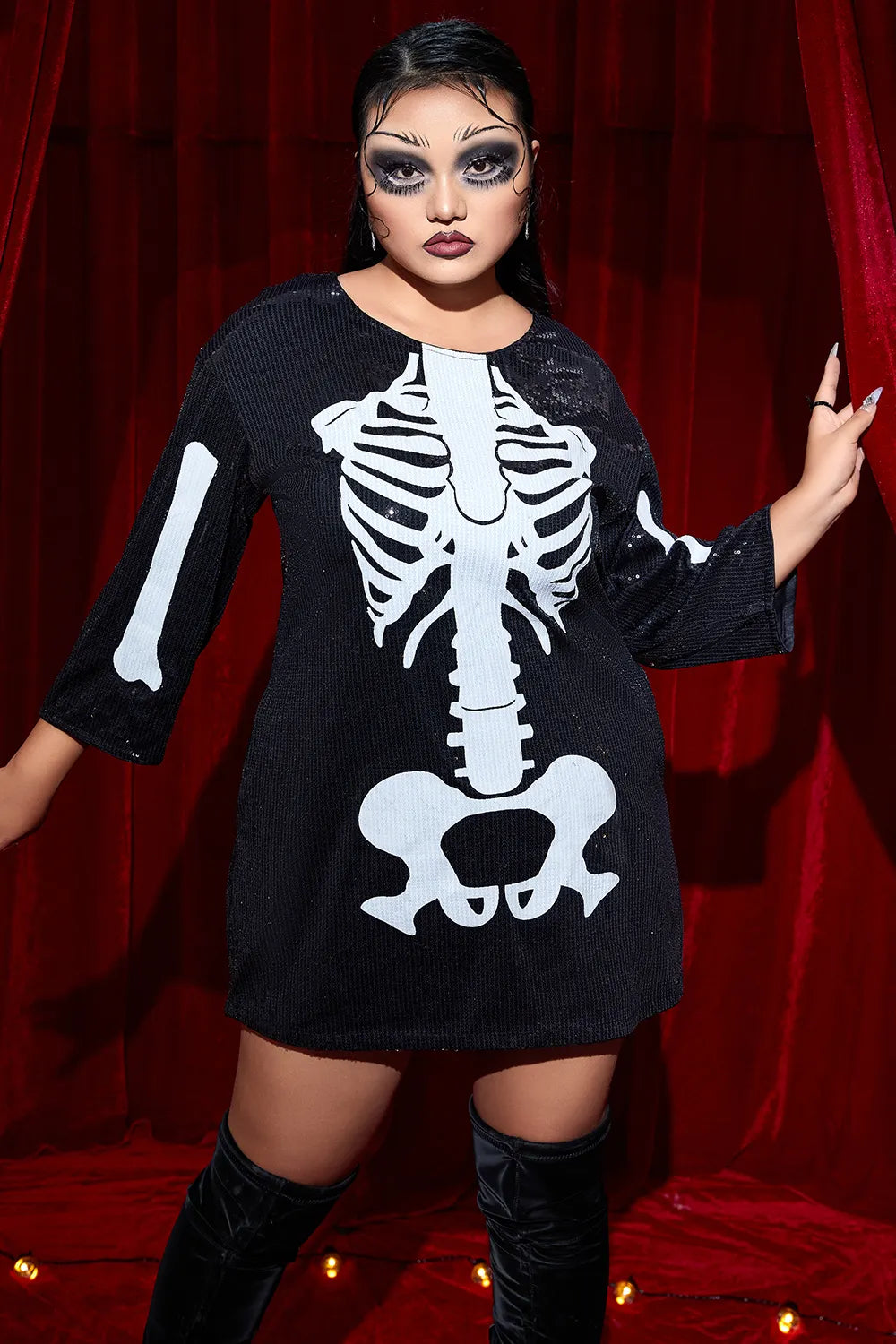 Halloween Costume Black Sequin Skeleton Mini Dress With Pocket(Ships 24h)