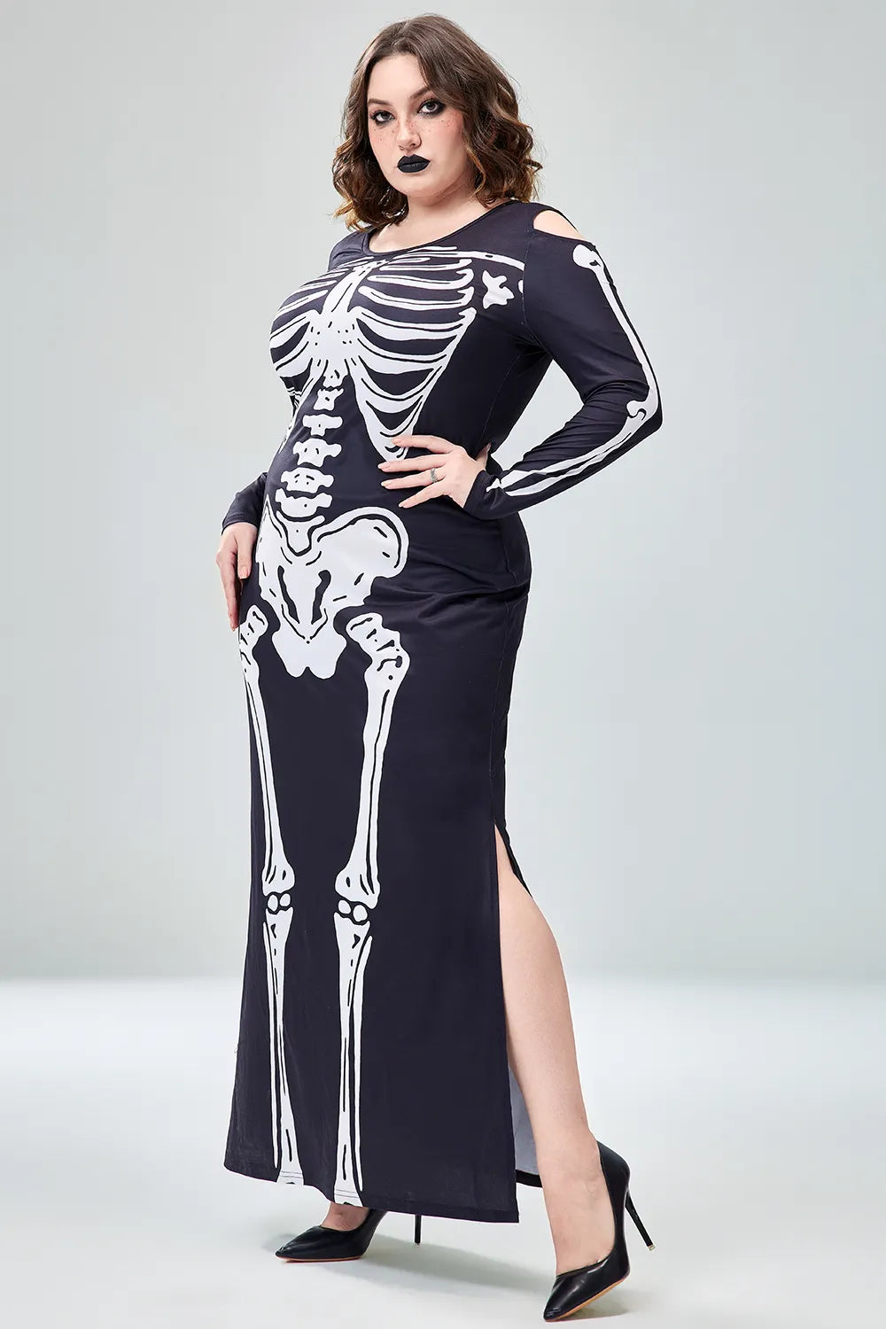 Casual Halloween Costume Gothic Black Round Neck Long Sleeve Skeleton Print Knitted Maxi Dress(Ships 24h)