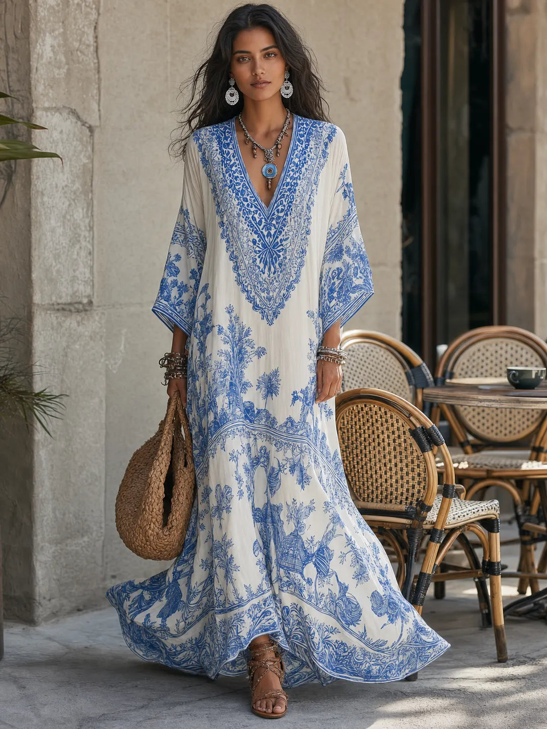 Bohemian Blue & White Porcelain Print V-Neck Maxi Dress