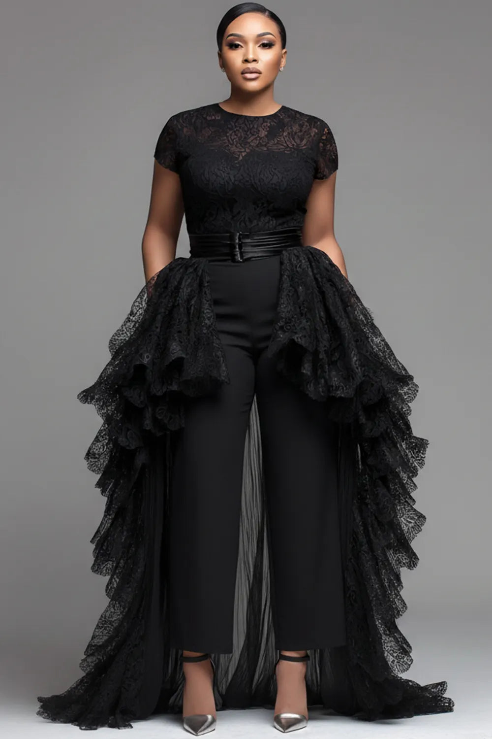 Wedding Guest Black Round Neck Short Sleeve With Skirt Overlay Pocket Lace Jumpsuits
