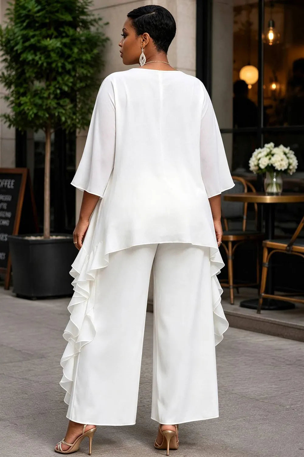 Daily Elegant White Round Neck Half Sleeve Ruffle Asymmetric Hem Two Piece Pant Sets