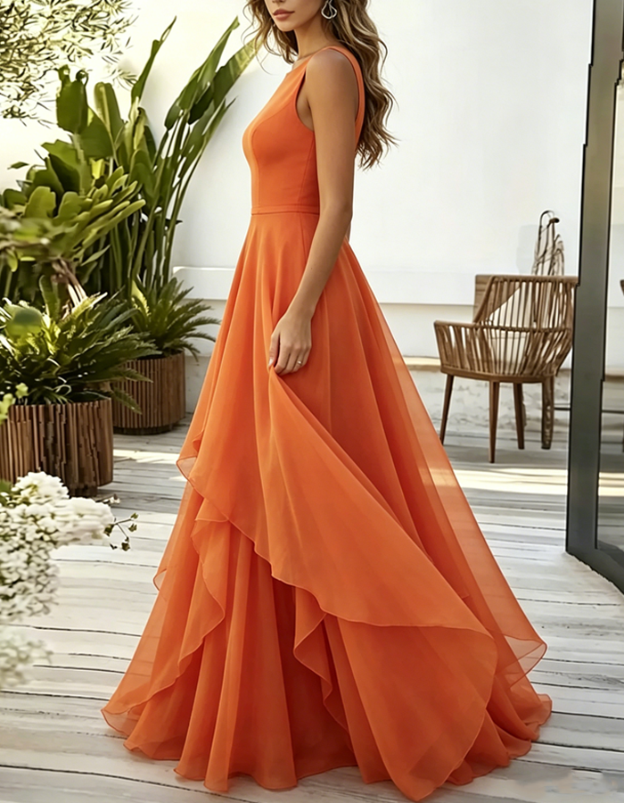 Vibrant Orange Chiffon Round-neck Sleeveless Fitted Waist Maxi Dress
