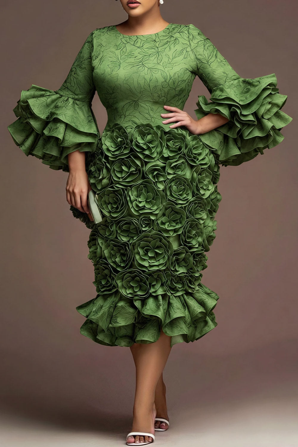 Green Round Neck Flare 3/4 Sleeve 3D Ruffle Satin Midi Dresses