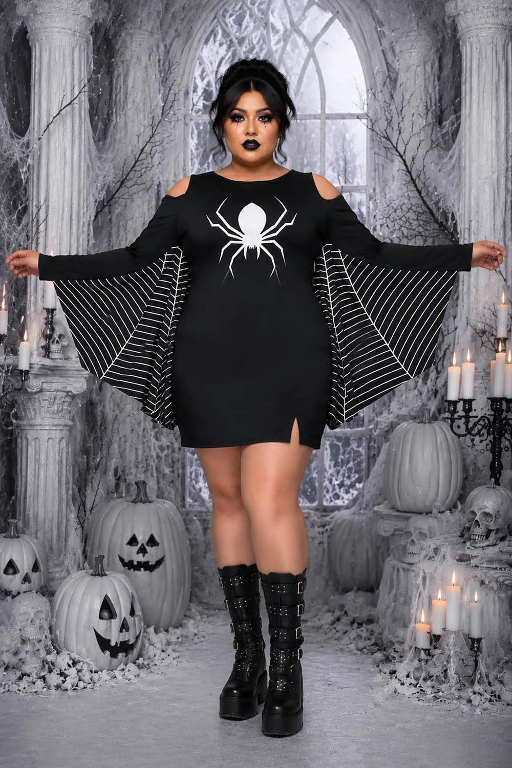 Halloween Costumes Black Spider Print Cold Shoulder Mini Dress (Only Dress)(Ships 24h)