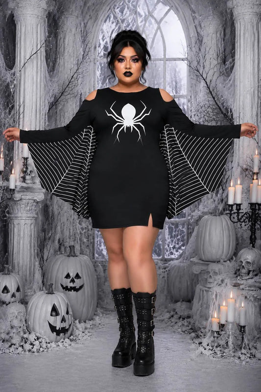 Halloween Costumes Black Spider Print Cold Shoulder Mini Dress (Only Dress)(Ships 24h)
