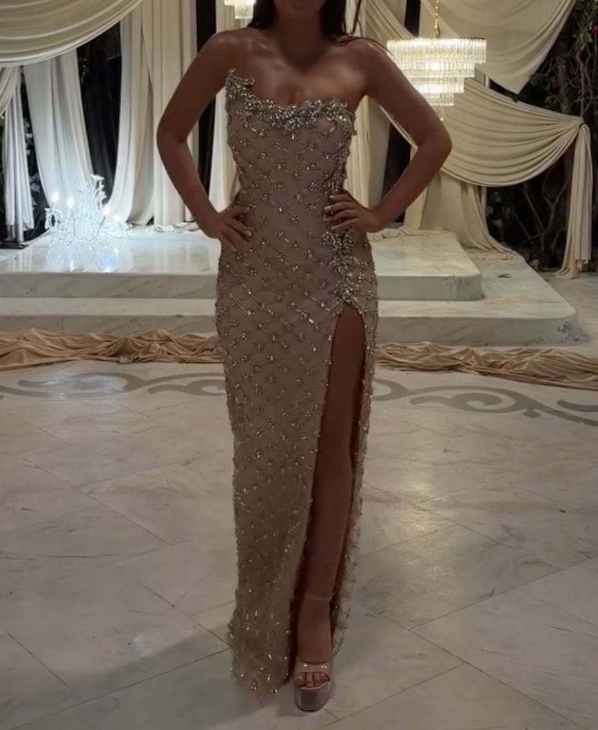 Champagne One-Shoulder Embellished Maxi Evening Gown - High Slit Sparkly Formal Dress