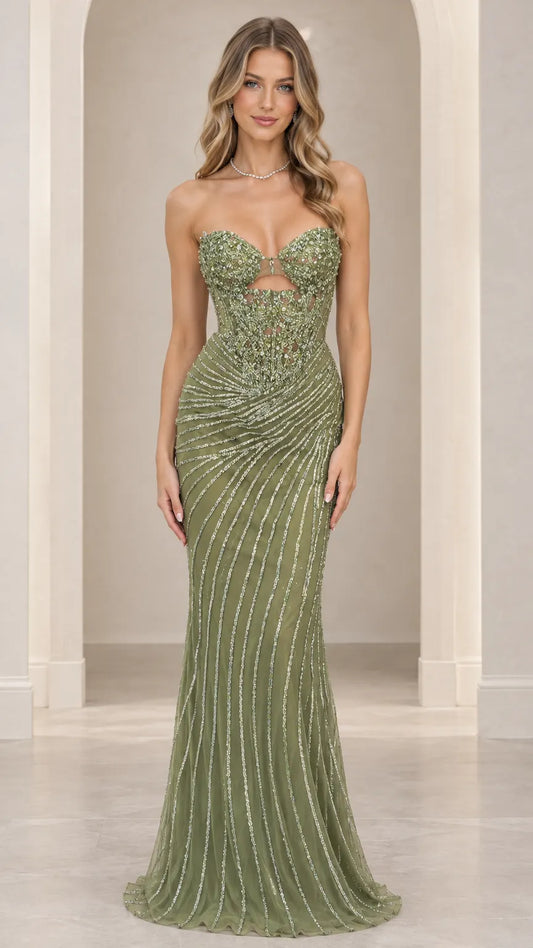Strapless Beaded Corset Cutout Mermaid Evening Gown
