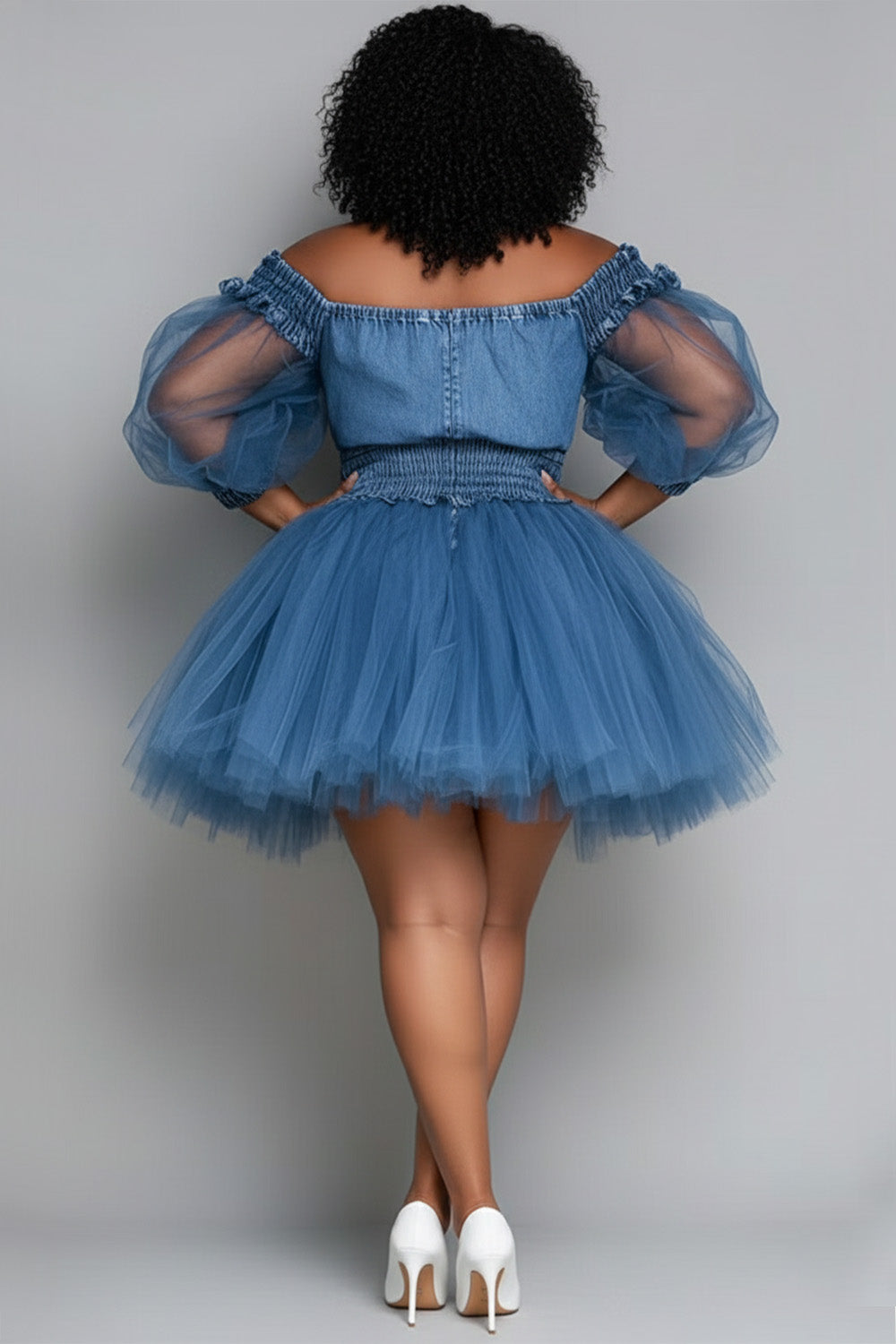 Xpluswear Design Plus Size Party Blue Off The Shoulder Short Sleeve Contrast See Through Tencel Denim Mini Dresses
