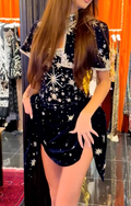 Navy Velvet Starburst Beaded Qipao Mini/Maxi Dress with Capelet Detail