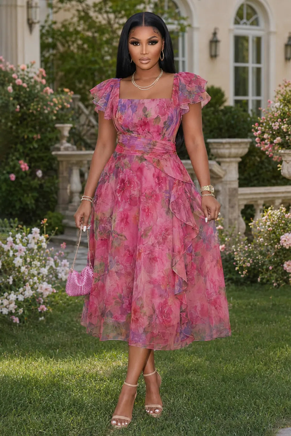 Square Neck Ruffle Sleeve Floral Cinch Waist Midi Dresses-Fuchsia [Pre Order]