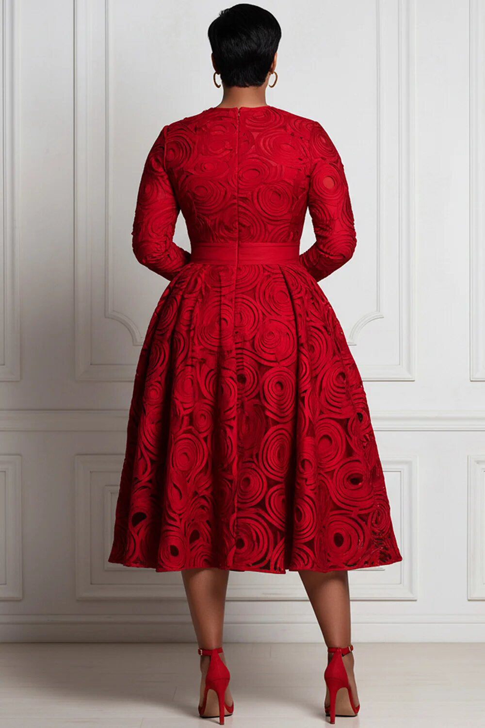 Red All Over Print Round Neck Long Sleeve Pocket Elegant Satin Midi Dresses