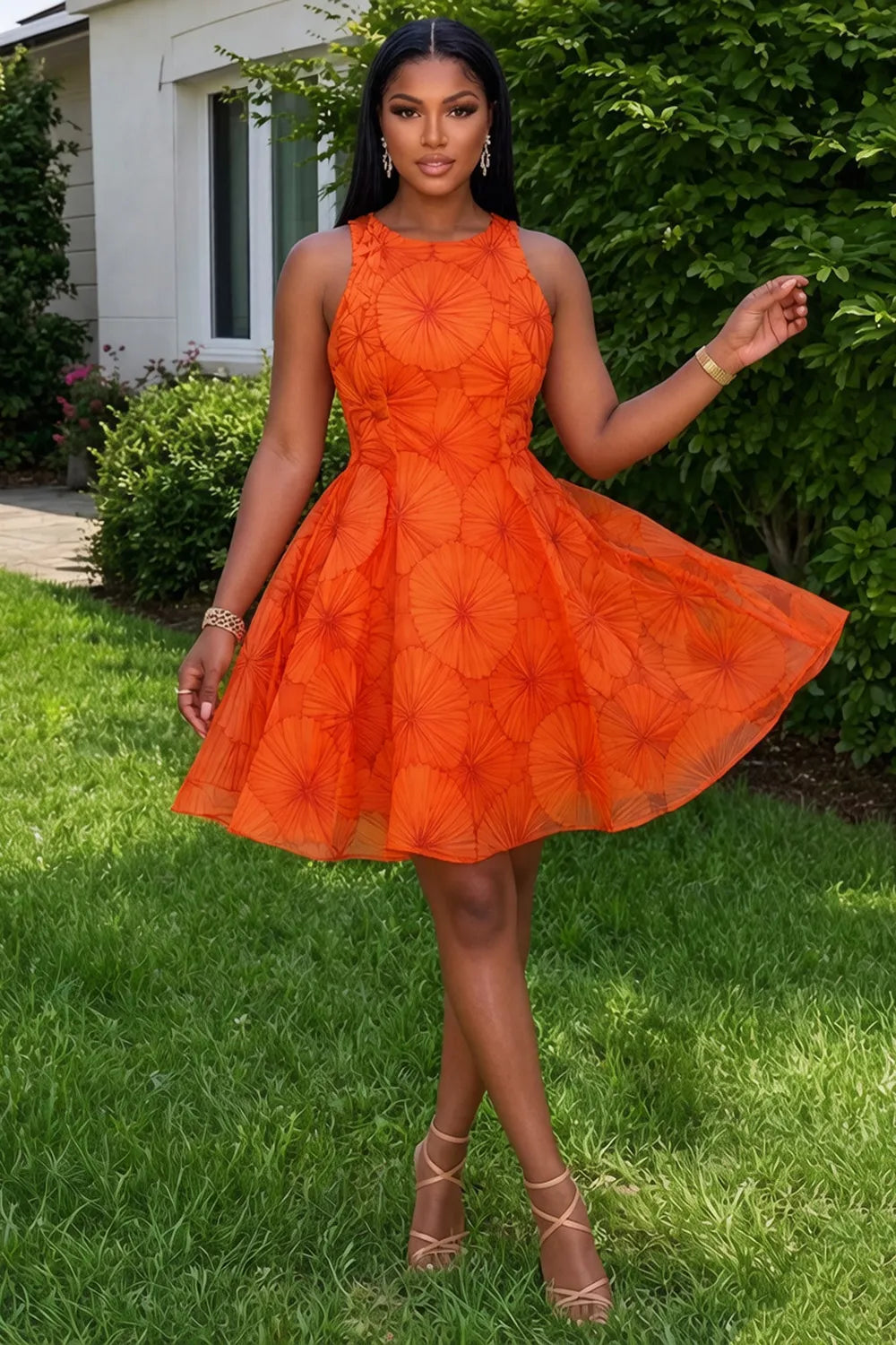 Round Neck Sleeveless Printed A-Line Vacation Mini Dresses-Orange [Pre Order]