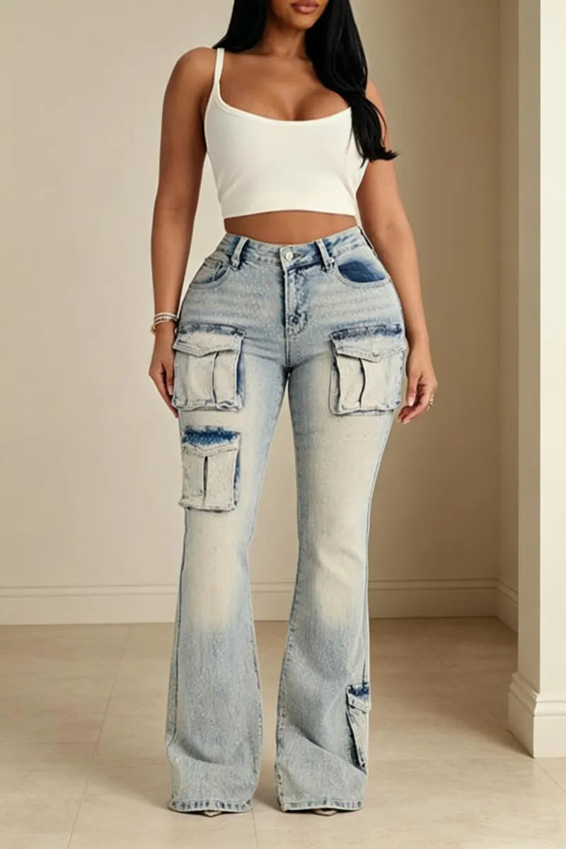 Women Rhinestone Washed Water Spliced Pocket Casual Jeans